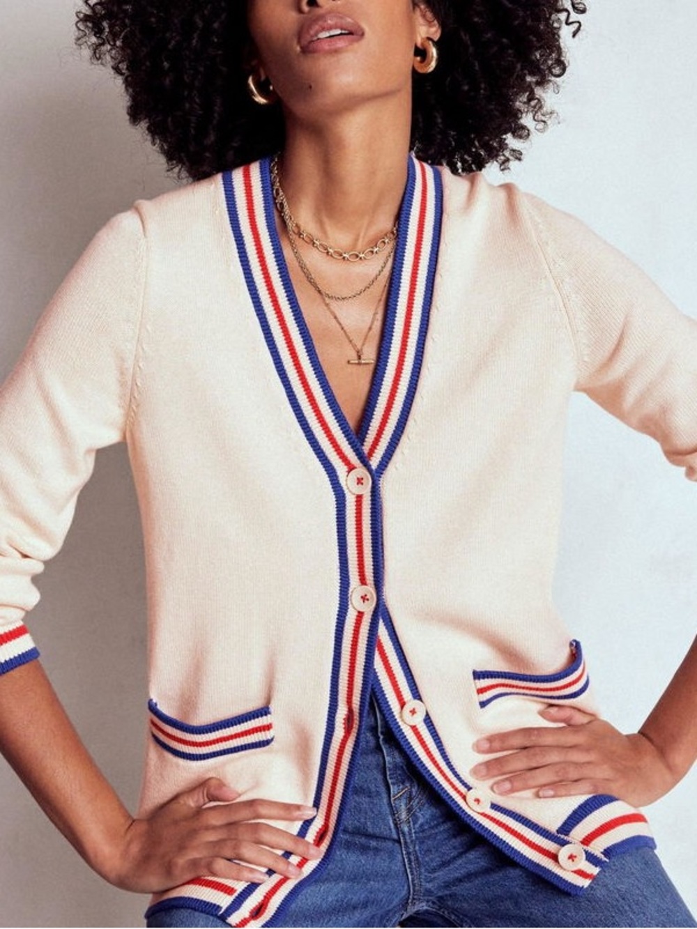 NWT Boden Cream Cardigan with Red & Blue Stripe Trim Size Medium